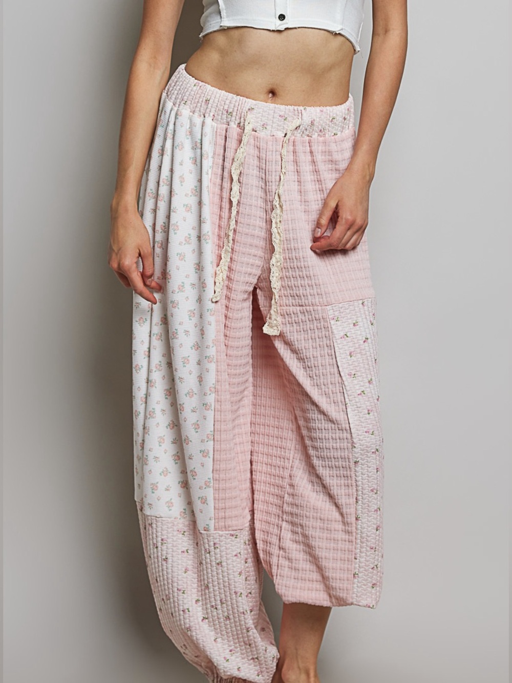 💖Hello Gorgeous! POL Patchwork Mixed Knit Wide Leg Pants- Pink Multi